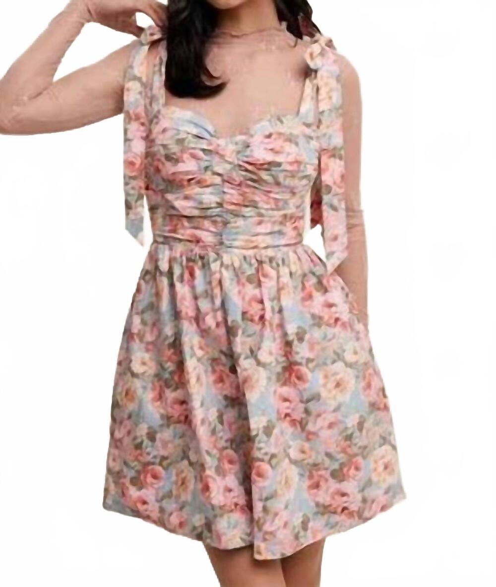 NEW LISTICLE flower print bustier tie shoulder dress in vintage blue